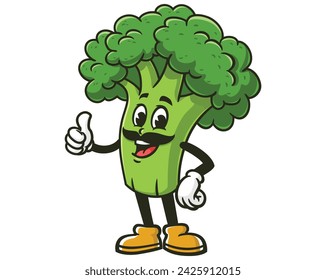 Broccoli with mustache cartoon mascot illustration character vector clip art hand drawn