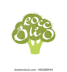 Broccoli Name Of Vegetable Written In Its Silhouette Colorful Trendy Vector Design Sticker Isolated On White Background