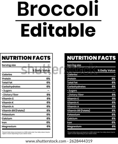 Broccoli Nutrition Facts, Nutrition Level, Supplement Facts, Supplement Level Isolated on White and Black Background