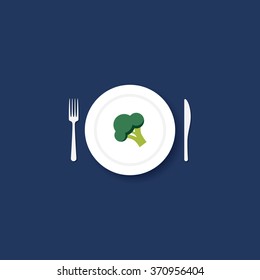 Broccoli on a plate vector symbol. Healthy food icon with fork and knife. Eps10 vector illustration.