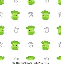Broccoli on seamless pattern. Squishmallow. Broccoli. Kawaii, Vector. Isolated vector illustration eps 10