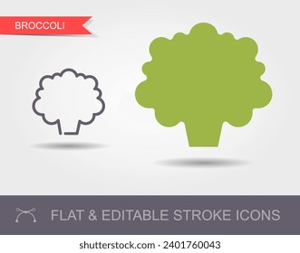 Broccoli. Outline icon with editable stroke. Linear symbol of the food with shadow and flat icon