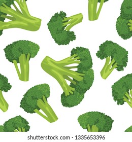 Broccoli pattern on a white background. Vector illustration of fresh green vegetable in cartoon simple flat style.