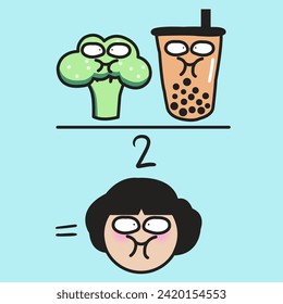 A Broccoli Plus A Cup Of Bubble Milk Tea, Then Divided By Two Equals A Satisfied Girl Concept Card Character illustration