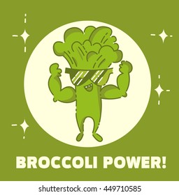 Broccoli power poster. Broccoli man. Cute kawaii cartoon person. Flat line design. Healthy vegan food character in sunglasses. Natural product sign. Vector illustration