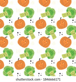 Broccoli and pumpkin pattern. Vegetable seamless orange green vector background