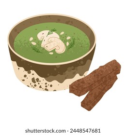 Broccoli puree soup with mushrooms. Healthy vegetarian food and lifestyle. Green cream soup in a beautiful bowl with garlic croutons. Vector illustration isolated on transparent background.