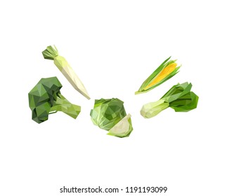 broccoli, radish, cabbage, corn, salad in low poly. vegetables