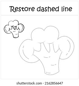 Broccoli. Repair the dotted line. Handwriting practice. Vegetables in contours. Educational game for toddlers and preschoolers. Cartoon style. Isolated vector illustration, eps
