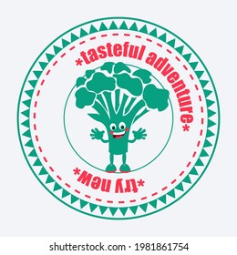 Broccoli in retro style. Product packaging design. Sticker or logo template. Vector label with slogan.