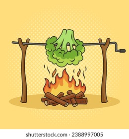 broccoli roasted on spit skewer pop art retro hand drawn vector illustration. Comic book style imitation.