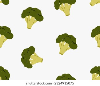 Broccoli, seamless pattern. Endless vegetarian background, texture design. Green brocoli, vegetable, vitamin diet veggies, repeating print. Flat vector illustration for textile, fabric, wrapping