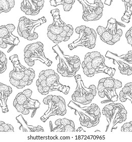 Broccoli seamless pattern. Hand drawn vector illustration with black outline isolated on white background. Applicable for wrapping paper, textile, restaurant menu, coloring book, print, packaging.