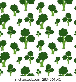 Broccoli Seamless Pattern in Hand Drawn Flat Style. Modern green vegan food background. Diet healthy eating concept. Brassica olerace pattern for packaging, kitchen, recipe, textiles.