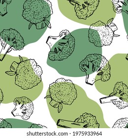 Broccoli seamless vector pattern. Hand-drawn vegetable outlines and color spots for fabric design, menu, kitchen and restaurant interior