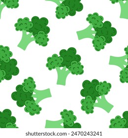 Broccoli seamless vector pattern. Juicy green cabbage for healthy eating, diet. Fresh ripe vegetable, farm harvest. Vegetarian food, eco product. Hand drawn kitchen background, colorful ornament