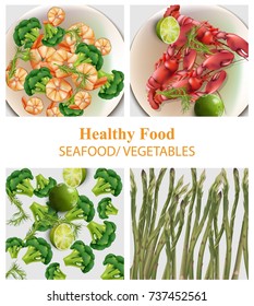 Broccoli, shrimps, asparagus set Realistic Vector. Healthy food for menu, print, label flyer