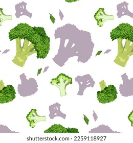 Broccoli side view and in section, a head of a plant of the cabbage family, a small green tree. Seamless pattern on white background with shadow.