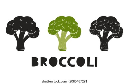 Broccoli, silhouette icons set with lettering. Imitation of stamp, print with scuffs. Simple black shape and color vector illustration. Hand drawn isolated elements on white background