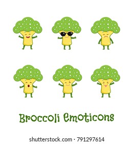 Broccoli smiles. Cute cartoon emoticons. Emoji icons