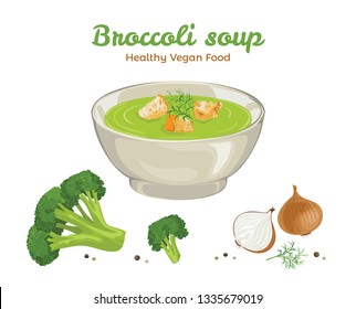 Broccoli soup in ceramic bowl isolated on white background. Fresh broccoli, onions, spices. Vector illustration of hot lunch in cartoon simple flat style.