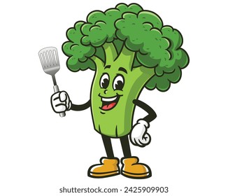 Broccoli with a spatula cartoon mascot illustration character vector clip art hand drawn