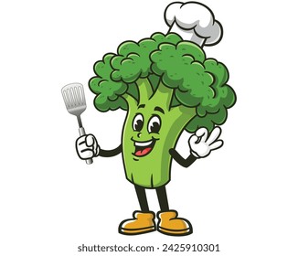 Broccoli with a spatula and wearing a chef's hat cartoon mascot illustration character vector clip art hand drawn