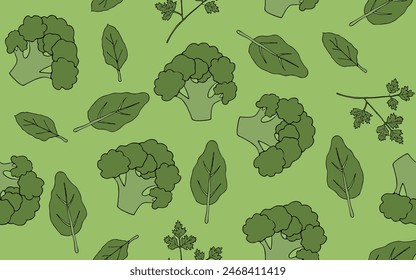 Brócoli y espinacas sobre fondo verde. Patrón sin costuras, aislado. Fondo vegetal dibujado a mano para papel, cubierta, textil, platos, decoración interior.