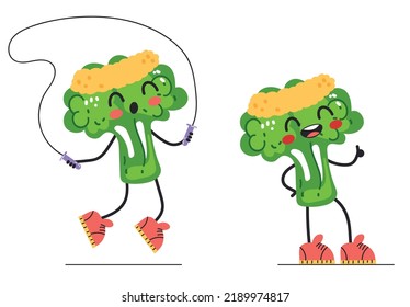 Broccoli sport character finess activity mascot isolated set. Vector graphic design illustration