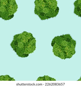 Broccoli top view, seamless pattern of repeated heads of the cabbage family plant. Isolated vector background image.