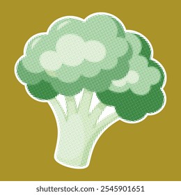 Brócolis. Estilo de meio-tom moderno. Fresco vegetal retro cor meio-tom textura pontilhada. Vintage recorte revista estilo pop arte, elemento de colagem moderno. Ilustração vetorial