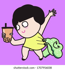 Broccoli Trying To Hold Girl Back From Going Away With A Cup Of Bubble Milk Tea. Concept Of Sugar Addicted Person’s Habit Card Character illustration