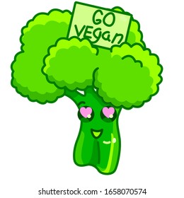 Broccoli twig sticker in love with Go Vegan tablet. Healthy food symbol for social media network logo, scrapbook tip, emoji. T-shirt, bag or hoody print. White isolated stock vector illustration