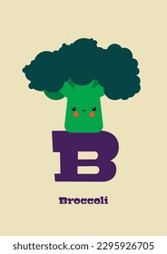 Broccoli – Typographical Vector Illustration Kawaii-ABC, cute characters, cheerful detailed graphic for nursery decoration, poster, invitations, greeting cards, bright colors, vegetables, letter B