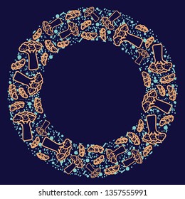 Broccoli vector circle pattern. Funny doodle healthy food on a dark background.