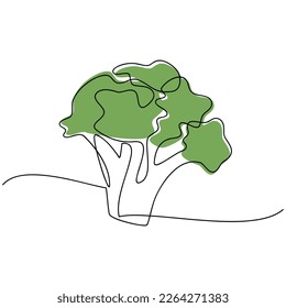 Broccoli vector. Line continuous hand drawn illustration. Abstract drawing. Vegetable outline icon. Garden plant. Minimal linear silhouette. Minimal design, print, banner, card, brochure, logo, menu.