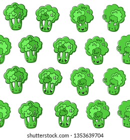 Broccoli, vector seamless pattern in the style of kawaii, Emoji. Emotional vegetables. eps 10.