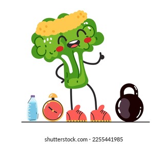 Caricatura de carácter vegetal de brócoli estilo deporte concepto aislado. Ilustración de elementos de diseño gráfico de dibujos animados