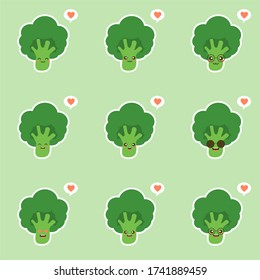 Broccoli Vegetable Cute Character Isolated Vector in various expression. vegetable broccoli. Fresh green Vegetable, Vegetarian, vegan Healthy organic food.