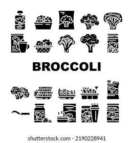 Broccoli Vegetable Green Food Icons Set Vector. Fresh Salad Cabbage, White, Brocolli Raw, Healthy Brocoli Diet, Cooking Top Organic Broccoli Vegetable Green Food Glyph Pictogram Illustrations