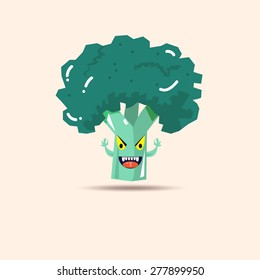 Broccoli vegetable monster character. imagination of people who hate vegetables - vector illustration