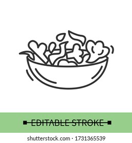 Broccoli Vegetable Salad Line Icon.Veggie Fresh Ingredients In A Bowl. Homemade Healthy Lunch Or Dinner. Diet And Vegetarian Recipe.Isolated Linear Vector Food Illustration.Editable Stroke
