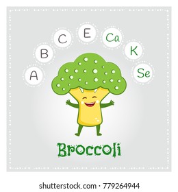 Broccoli vegetable vitamins and minerals. Funny vegetable character. Healthy food illustration