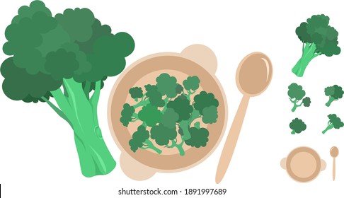 Broccoli vegetable whole version and chopped or sliced version on a bowl with a spoon vector illustration