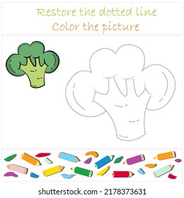 Broccoli. Vegetables. Educational developing game for preschoolers "Trace and color". Vector illustration for children, eps