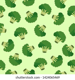 Broccoli vegetables seamless pattern on green background, green broccoli ingredients food, vector illustration