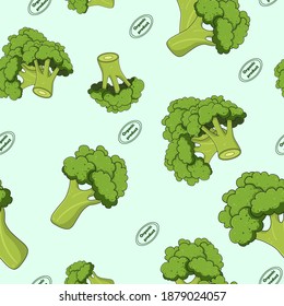 Broccoli vegetables seamless pattern on blue background, green broccoli ingredients food, vector illustration