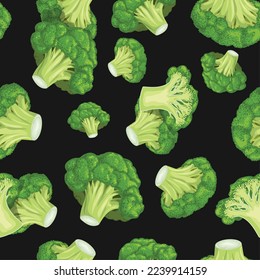 Broccoli vegetables seamless pattern on black background. Eco vegetables background. Best for menu vegan designs. Vector illustration.