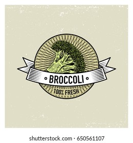 Broccoli Vintage set of labels, emblems or logo for vegetarian food, vegetables hand drawn or engraved. Retro farm american style.