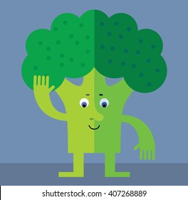 Broccoli waving hand. Flat style vector illustration. Funny cartoon character for agriculture or food design